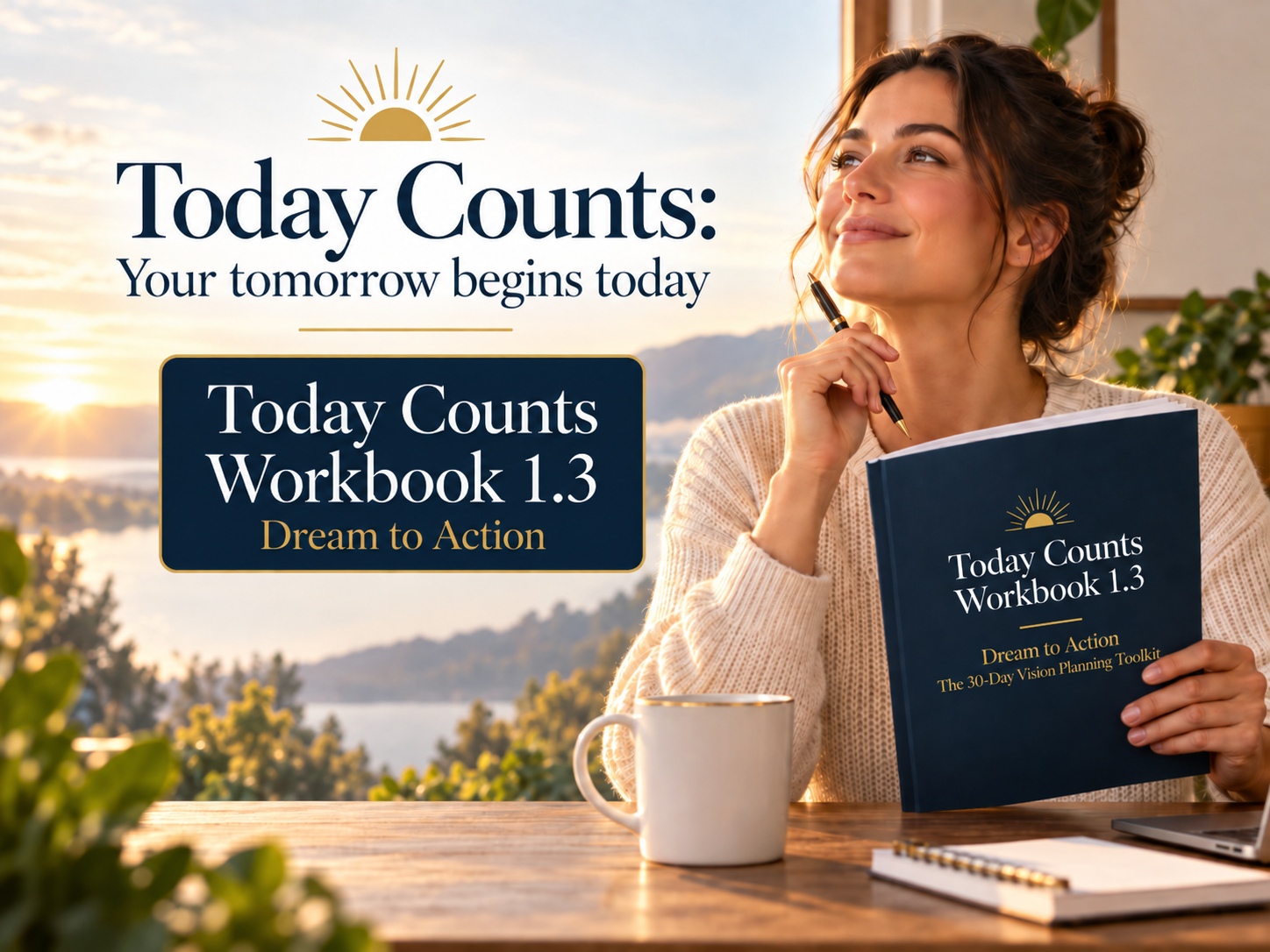 Today Counts Workbook 1.3 — Dream to Action, shown with a woman holding the navy and gold workbook beside a sunlit lake